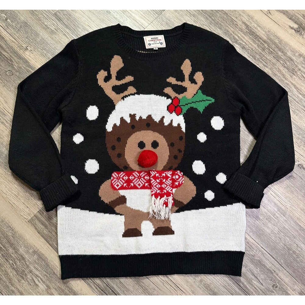 Daisy's Boutique Reindeer Rudolph Big Nose Red Ball Ugly Christmas Sweater XL